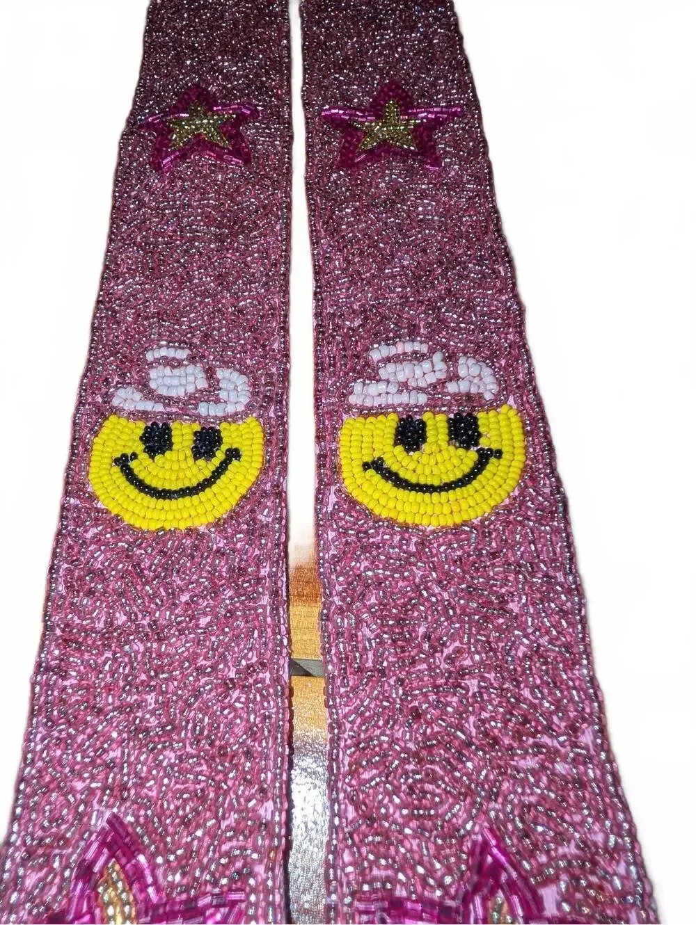 Beaded Pink Strap with Smiley Face and Star Embellishments